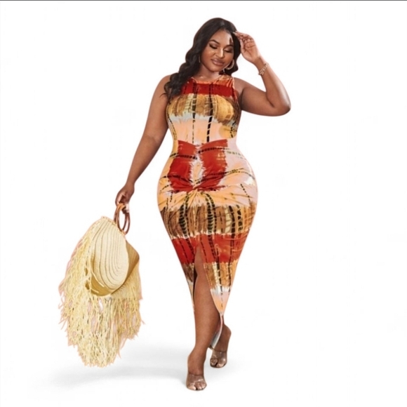 5️⃣ for 2️⃣5️⃣ Sleeveless Multicolor Tie Dye Bodycon Dress With Slit - Picture 1 of 5